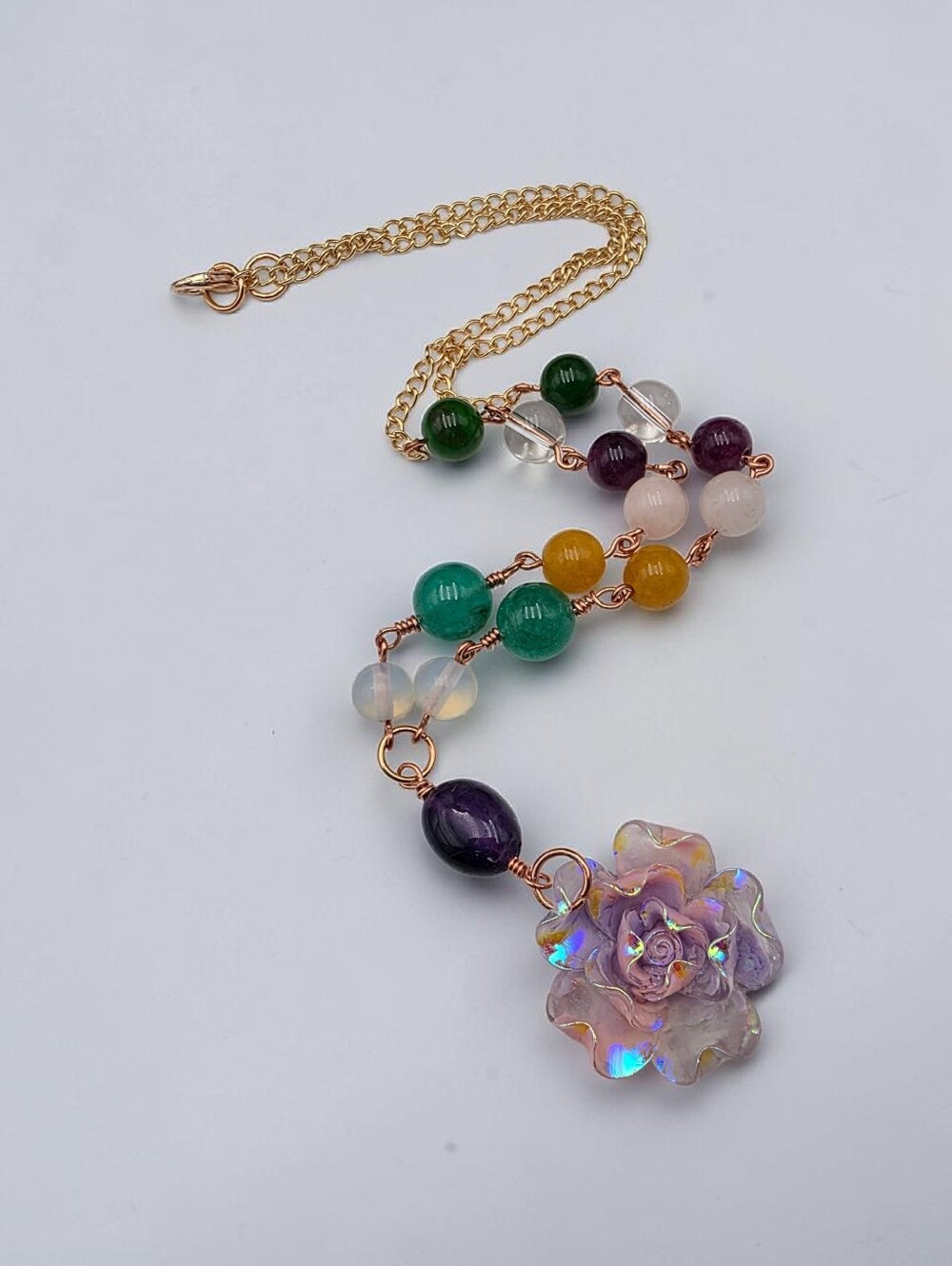 Multicolor Beaded Pendant Necklace with Iridescent Flower Handmade
